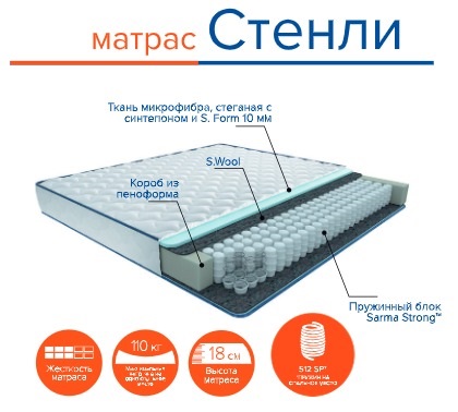 Матрас пружинный Стенли 190х90 (высота 18 см) средняя жесткость, двусторонний