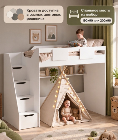 Кровать-чердак Мозаика (дуб золотистый + белый) 190х90 от Династия Kids