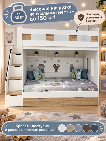 Кровать 2-х ярусная Твинс 190х90 (дуб золотистый + белый) от Династия Kids