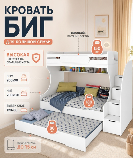 Кровать Биг 120х200 (дуб золотистый + белый) от Династия Kids