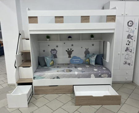 Двухъярусная кровать Твинс 190х90 (дуб сонома + белый) от Династия Kids