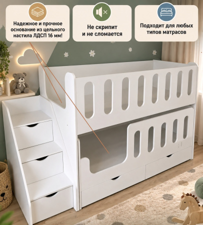 Кровать Близняшки 180х80 (гаскон пайн) + лестница-комод от Династия Kids